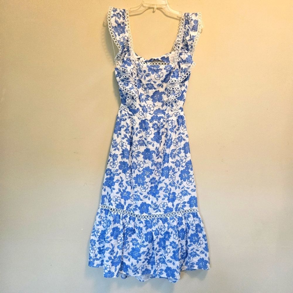 fab'rik Alverez Lace Detail Floral Midi Dress Sz S Blue/White Cottagecore NWT